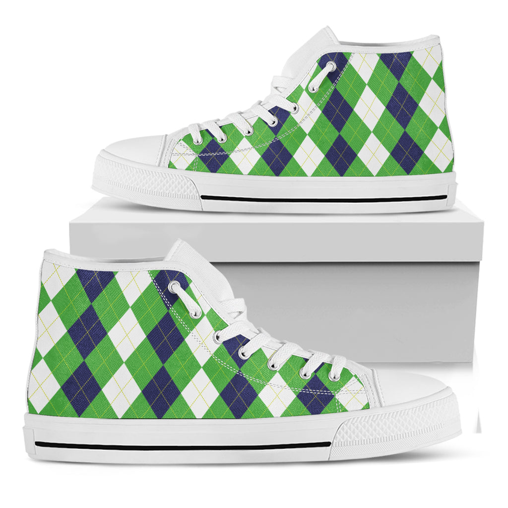 White Navy And Green Argyle Print White High Top Shoes