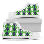 White Navy And Green Argyle Print White High Top Shoes