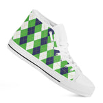 White Navy And Green Argyle Print White High Top Shoes
