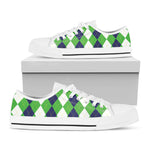 White Navy And Green Argyle Print White Low Top Shoes