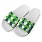 White Navy And Green Argyle Print White Slide Sandals
