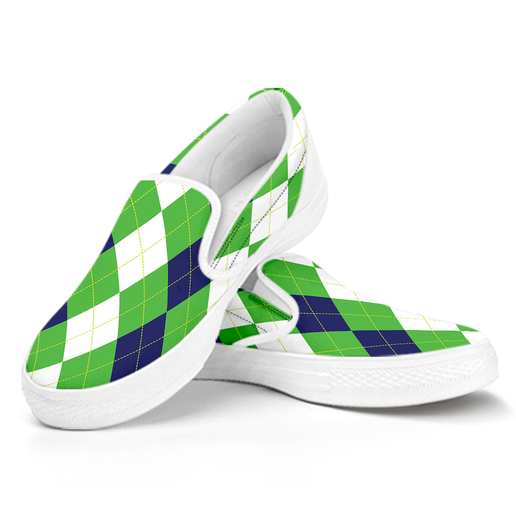 White Navy And Green Argyle Print White Slip On Shoes