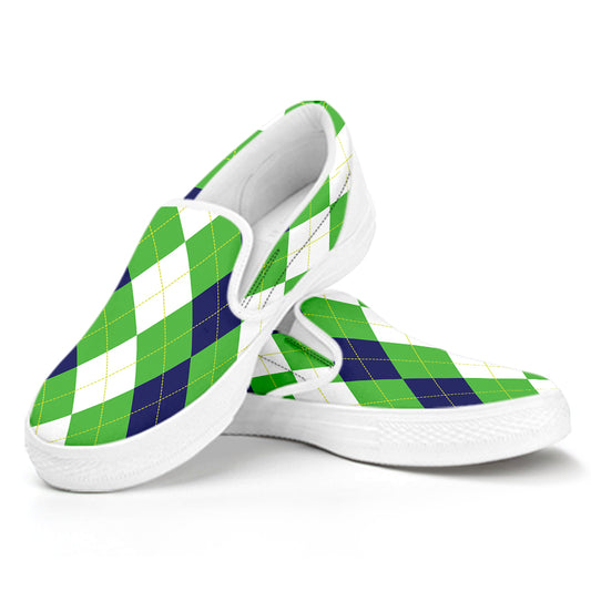White Navy And Green Argyle Print White Slip On Shoes