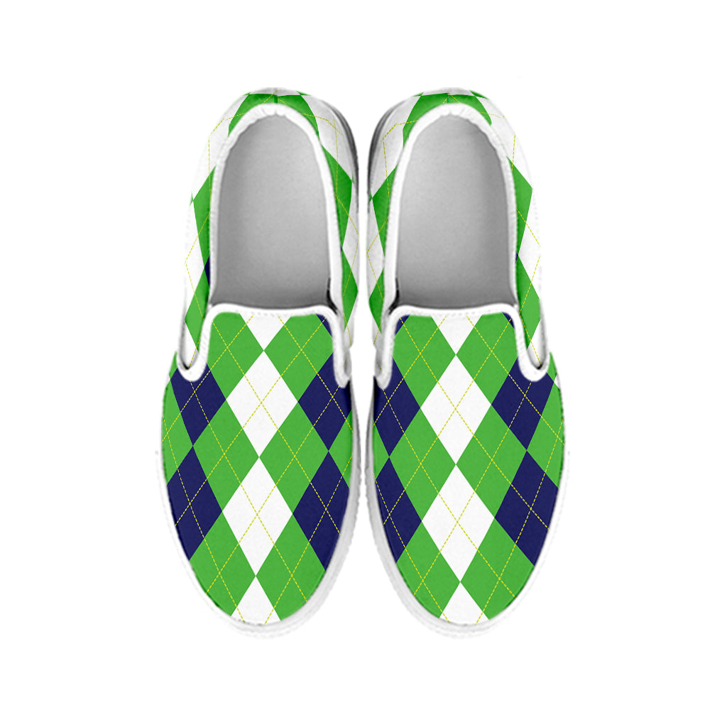 White Navy And Green Argyle Print White Slip On Shoes