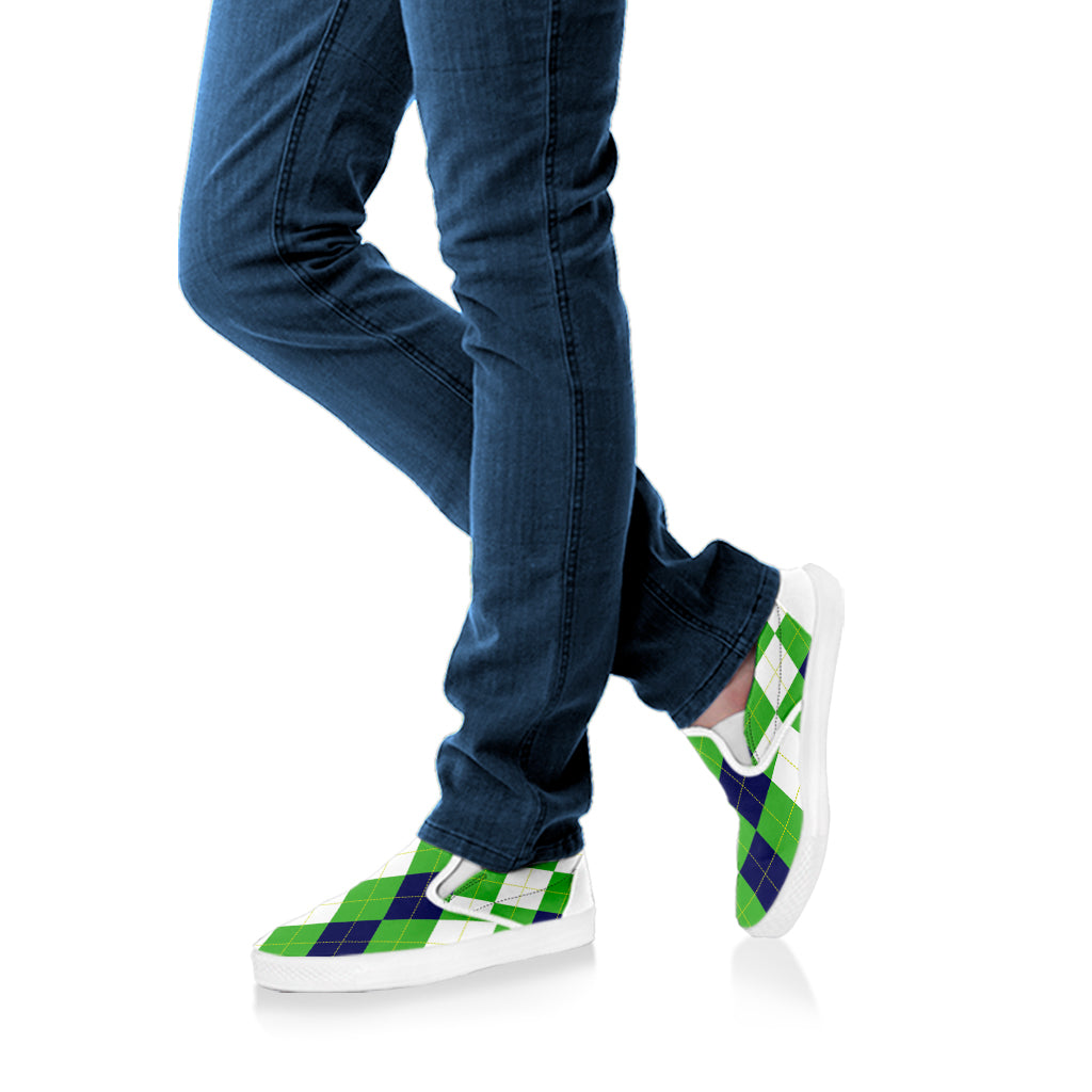 White Navy And Green Argyle Print White Slip On Shoes