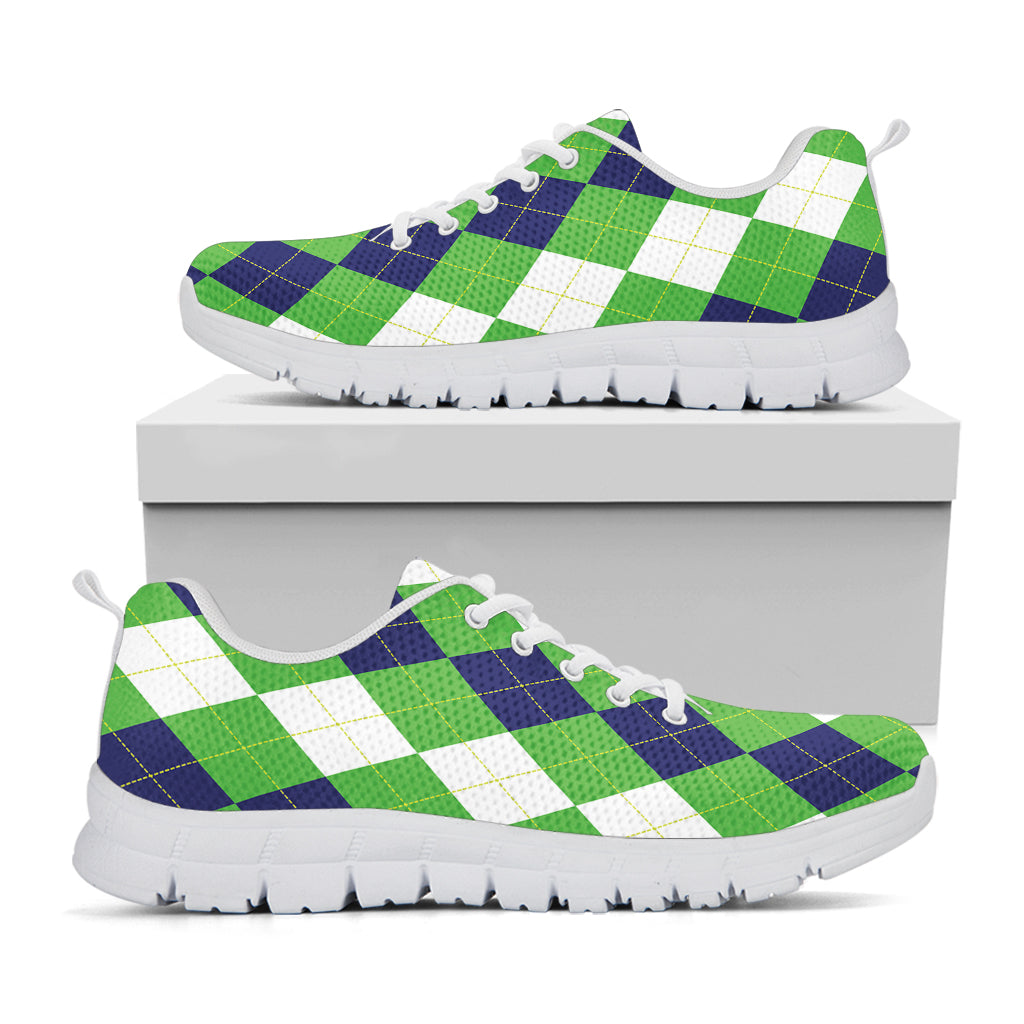 White Navy And Green Argyle Print White Sneakers