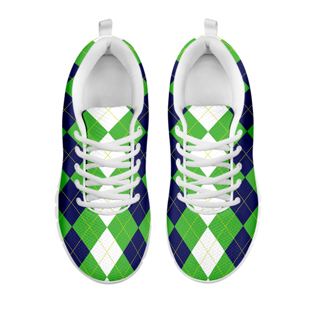 White Navy And Green Argyle Print White Sneakers