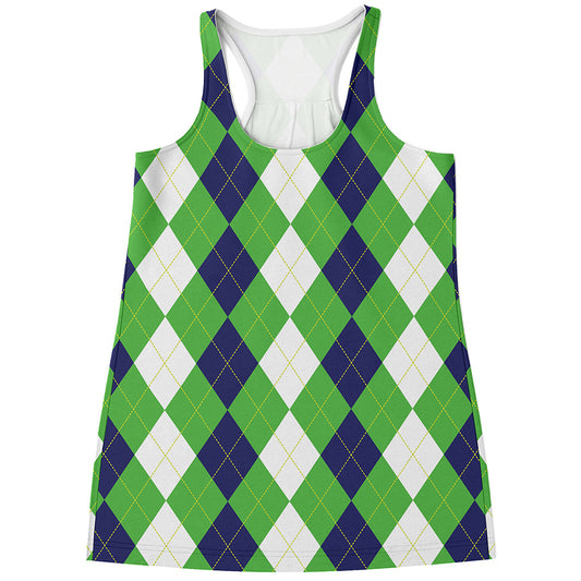 White Navy And Green Argyle Print Women's Racerback Tank Top