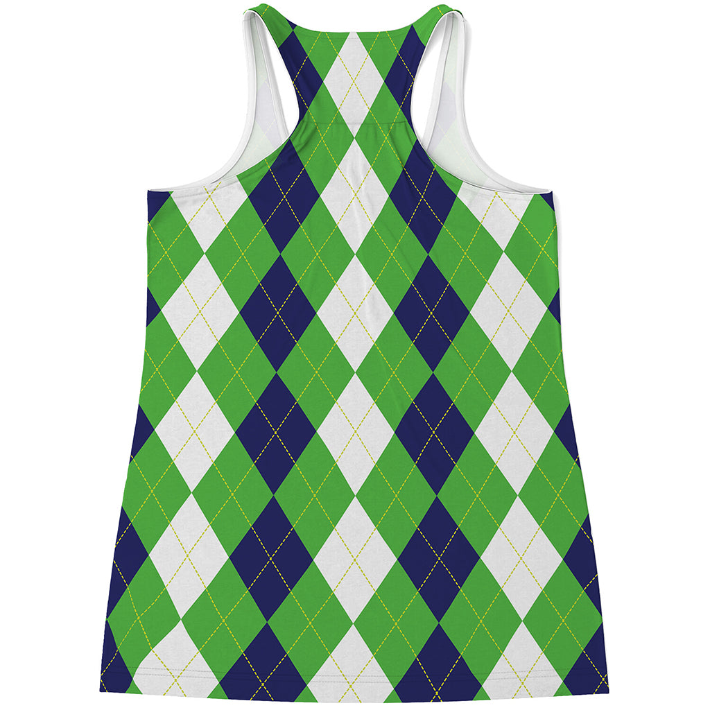 White Navy And Green Argyle Print Women's Racerback Tank Top