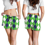 White Navy And Green Argyle Print Women's Shorts