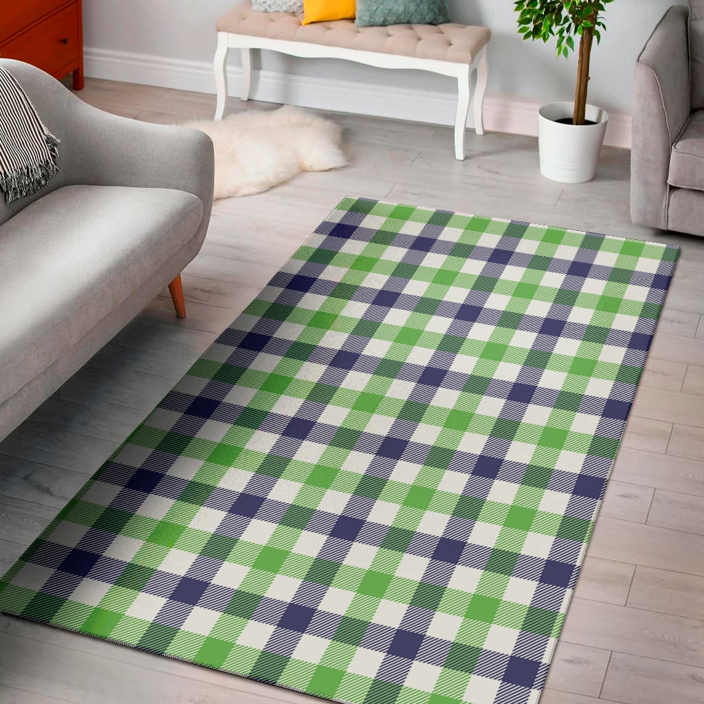 White Navy And Green Plaid Print Area Rug