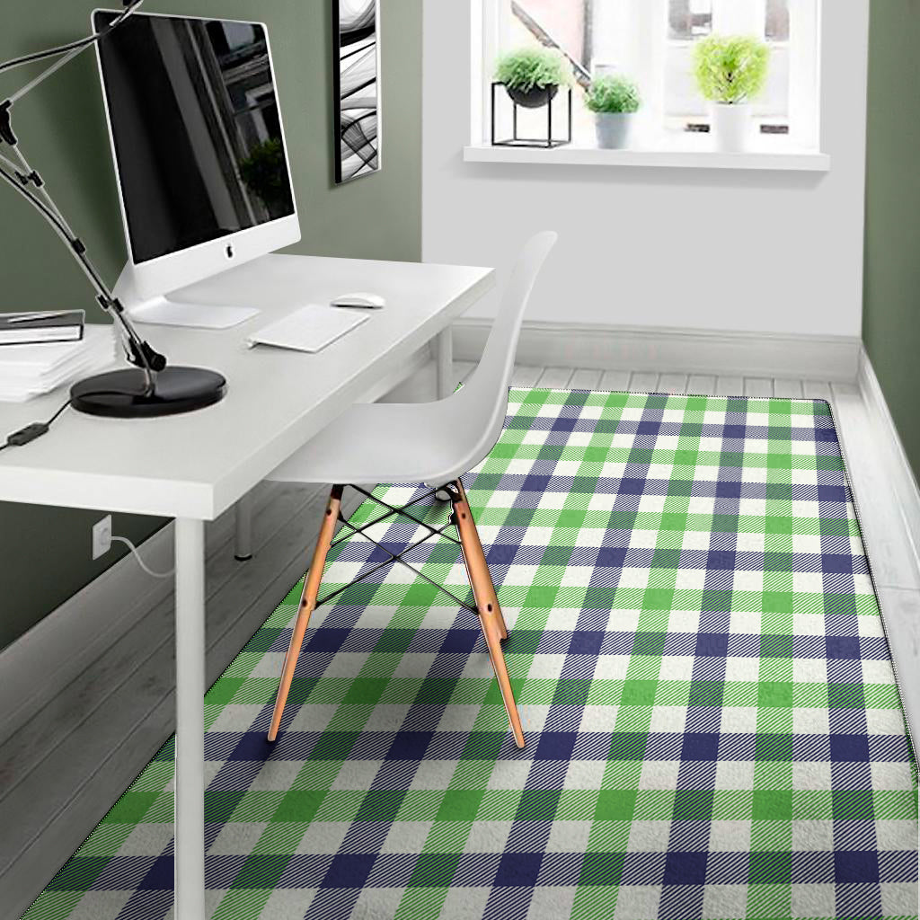 White Navy And Green Plaid Print Area Rug