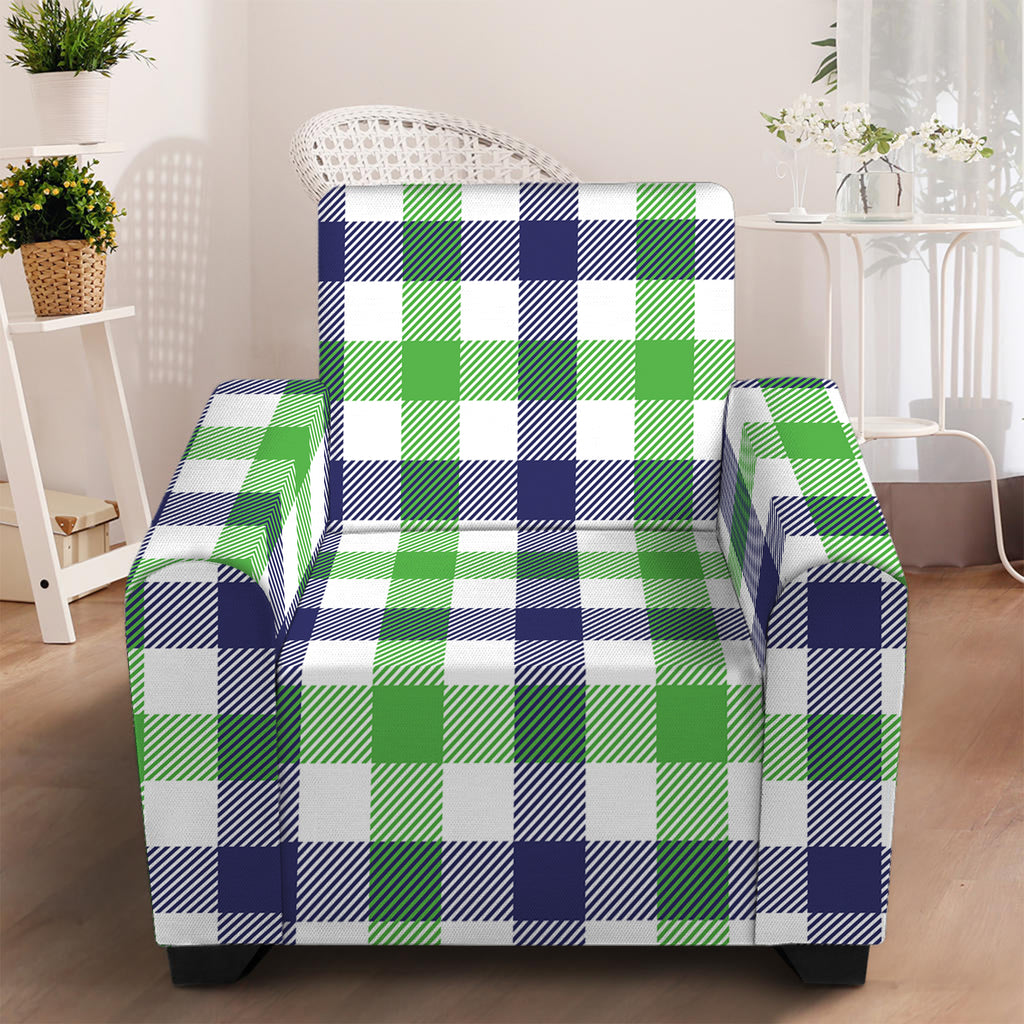 White Navy And Green Plaid Print Armchair Slipcover