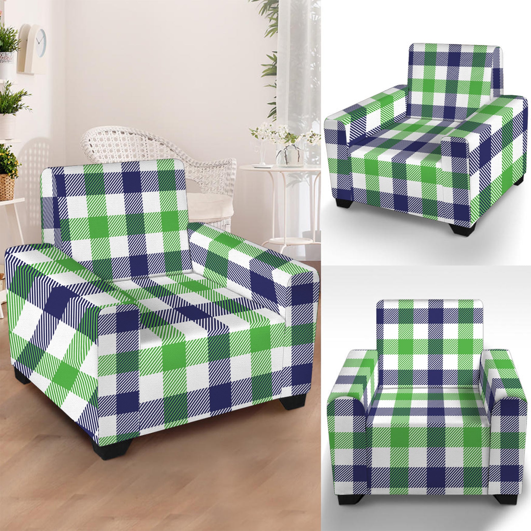 White Navy And Green Plaid Print Armchair Slipcover