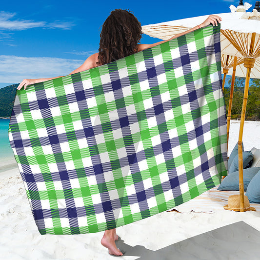 White Navy And Green Plaid Print Beach Sarong Wrap