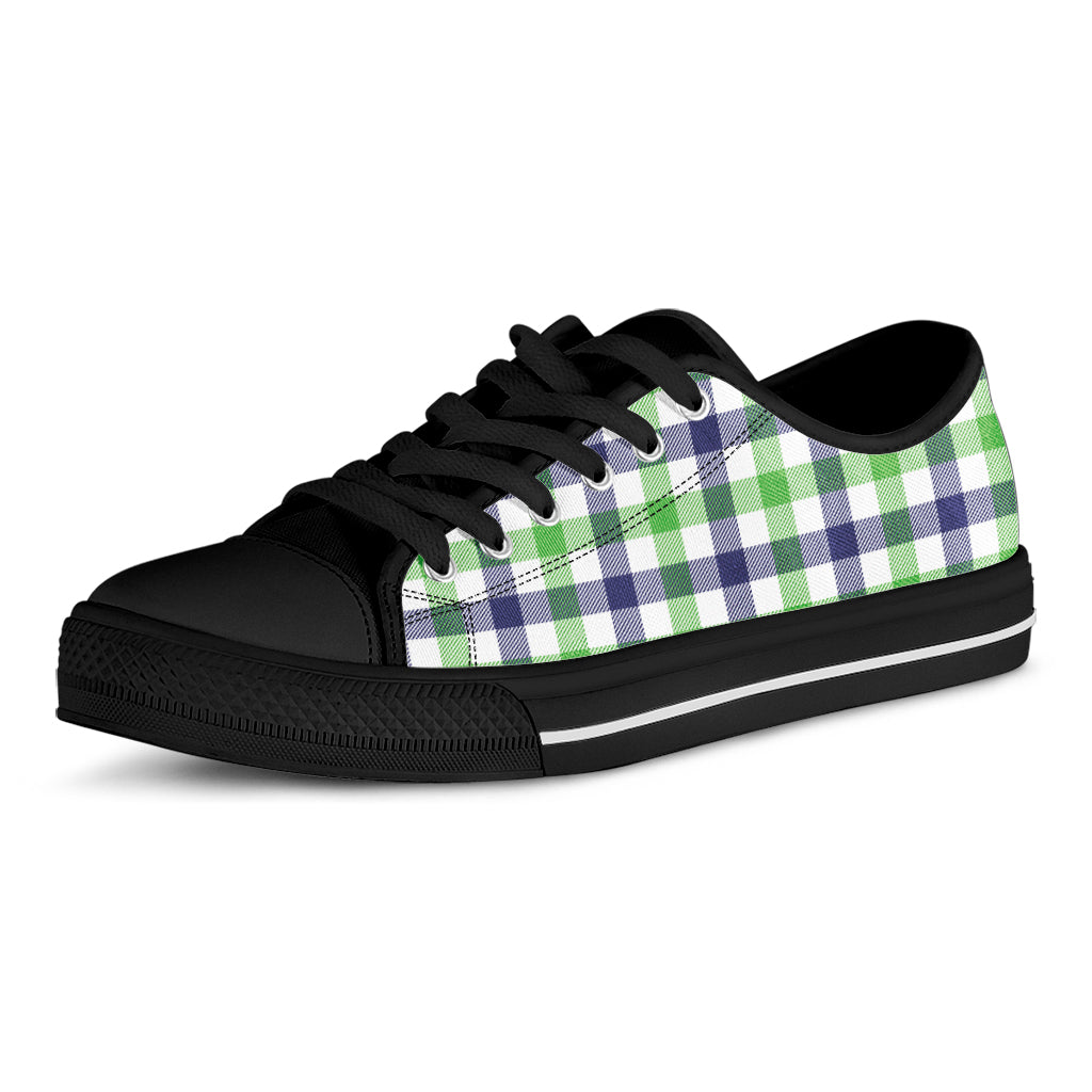 White Navy And Green Plaid Print Black Low Top Shoes