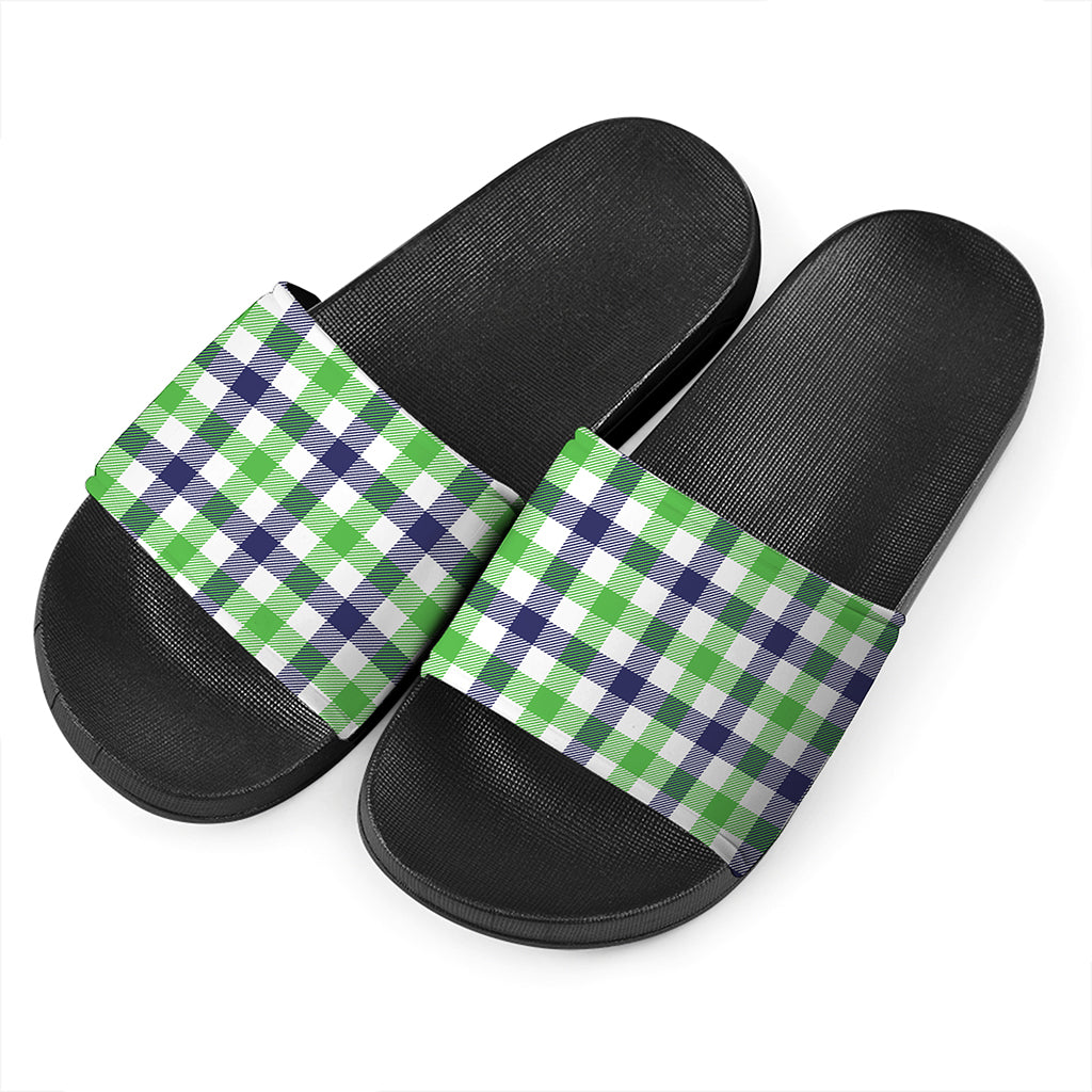 White Navy And Green Plaid Print Black Slide Sandals