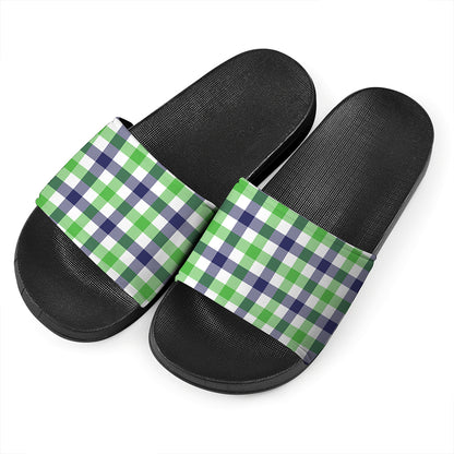 White Navy And Green Plaid Print Black Slide Sandals