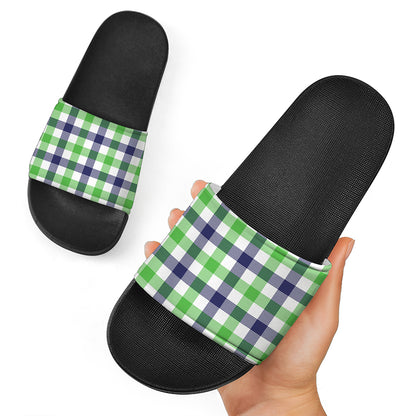 White Navy And Green Plaid Print Black Slide Sandals