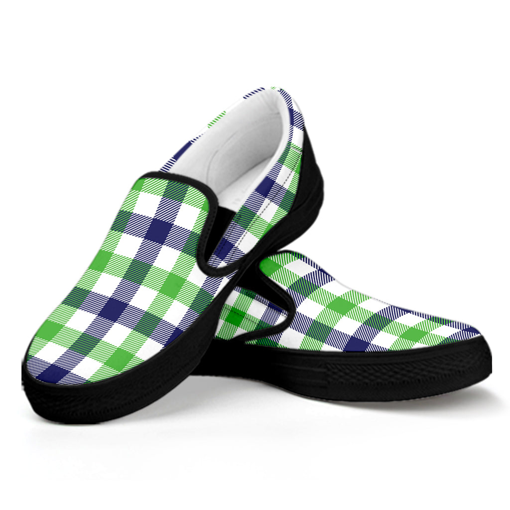 White Navy And Green Plaid Print Black Slip On Shoes