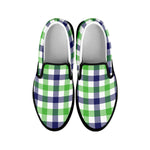 White Navy And Green Plaid Print Black Slip On Shoes