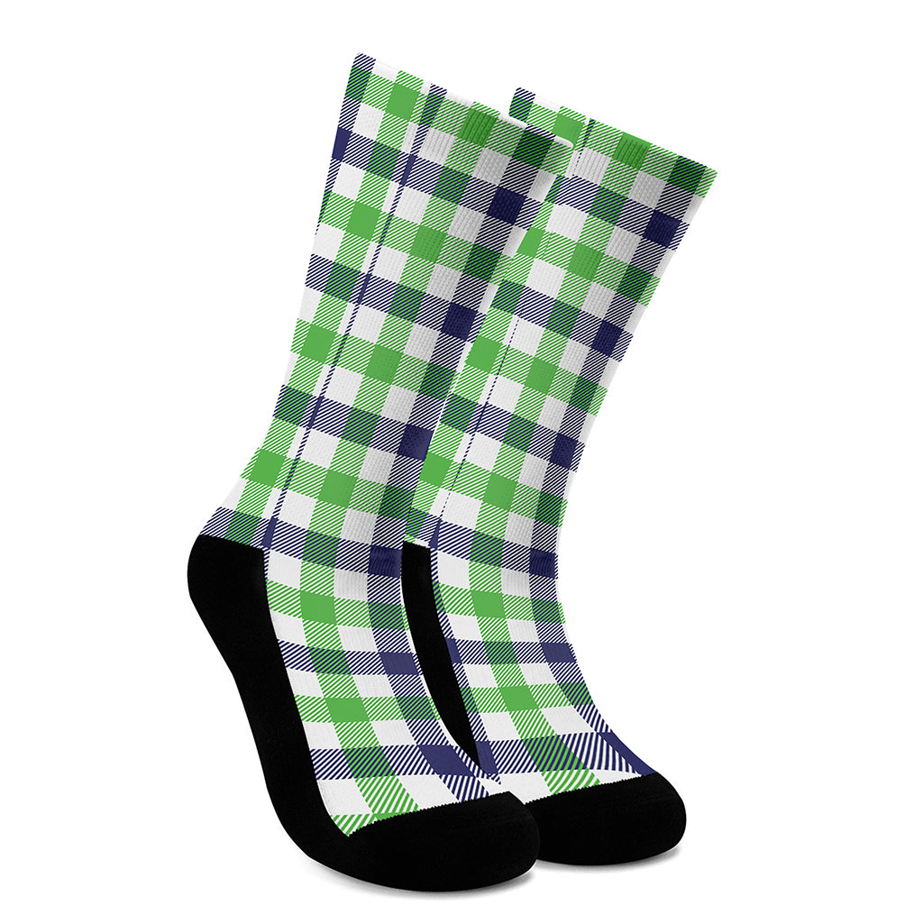 White Navy And Green Plaid Print Crew Socks