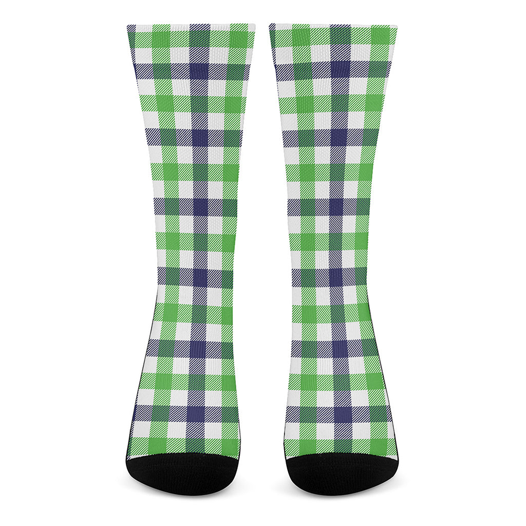 White Navy And Green Plaid Print Crew Socks