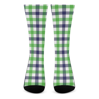 White Navy And Green Plaid Print Crew Socks