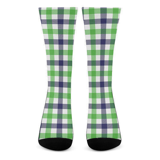 White Navy And Green Plaid Print Crew Socks