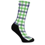 White Navy And Green Plaid Print Crew Socks