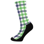 White Navy And Green Plaid Print Crew Socks