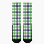 White Navy And Green Plaid Print Crew Socks