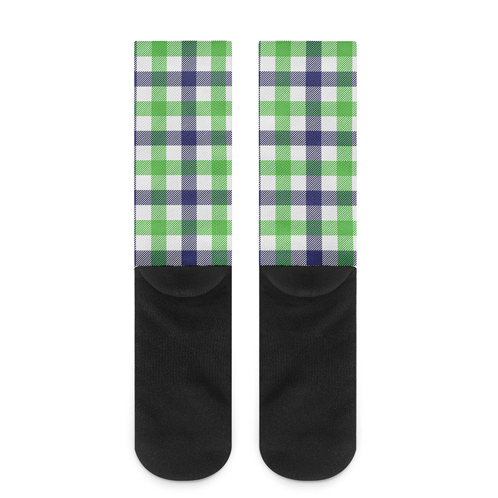 White Navy And Green Plaid Print Crew Socks