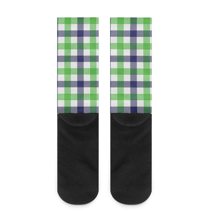 White Navy And Green Plaid Print Crew Socks