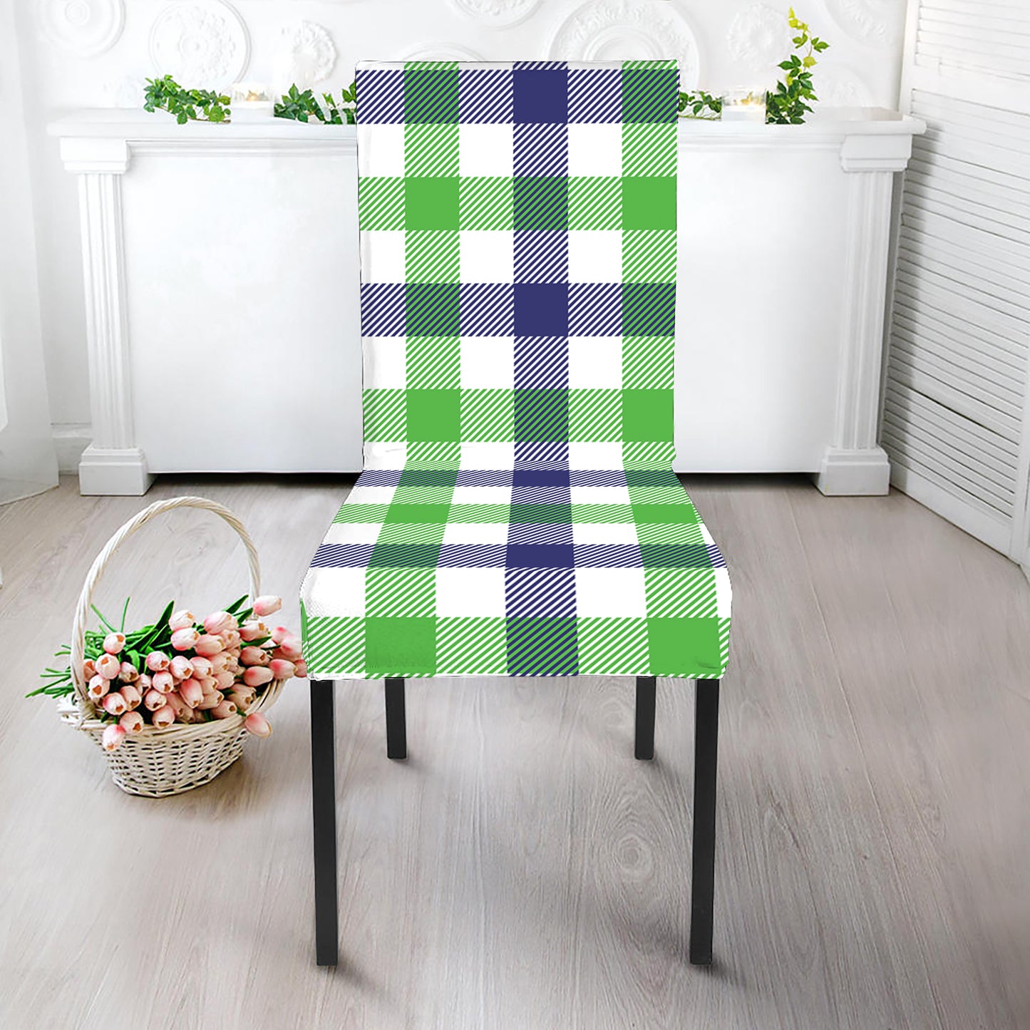 White Navy And Green Plaid Print Dining Chair Slipcover