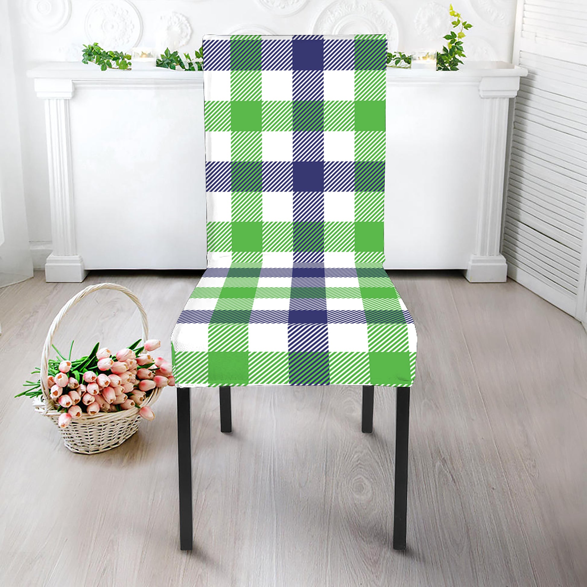 White Navy And Green Plaid Print Dining Chair Slipcover