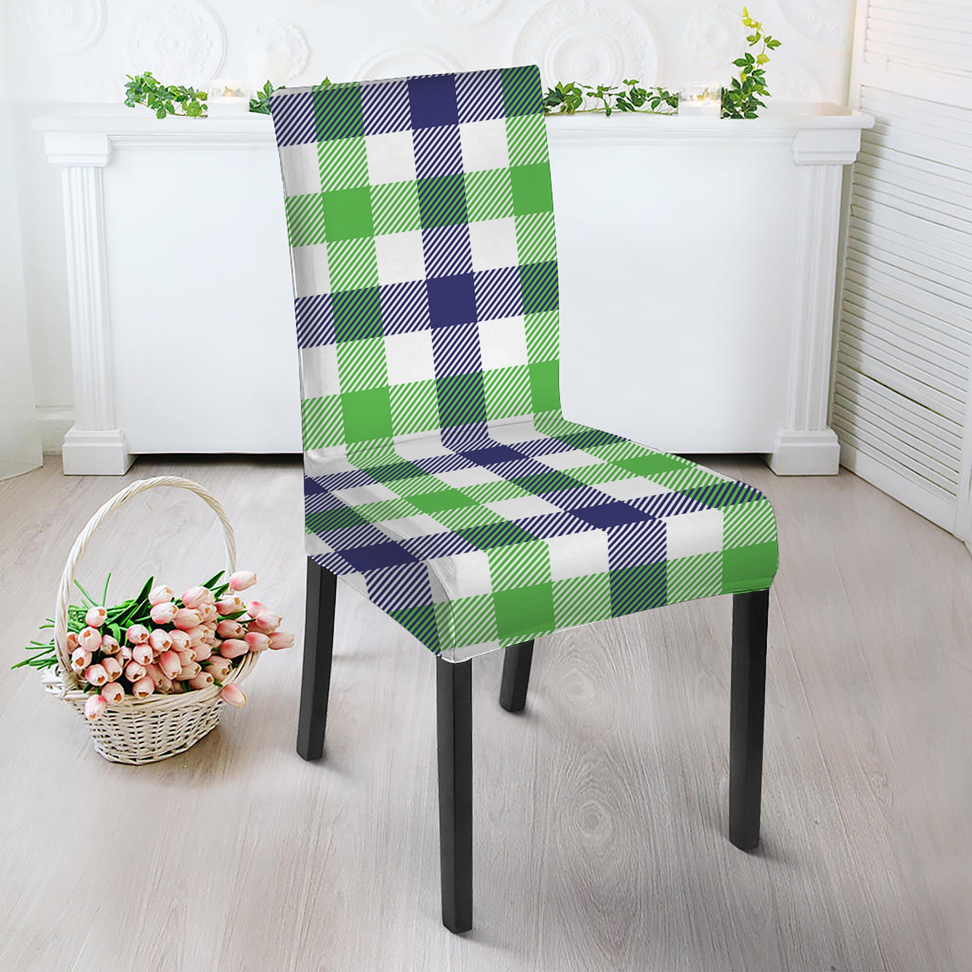 White Navy And Green Plaid Print Dining Chair Slipcover