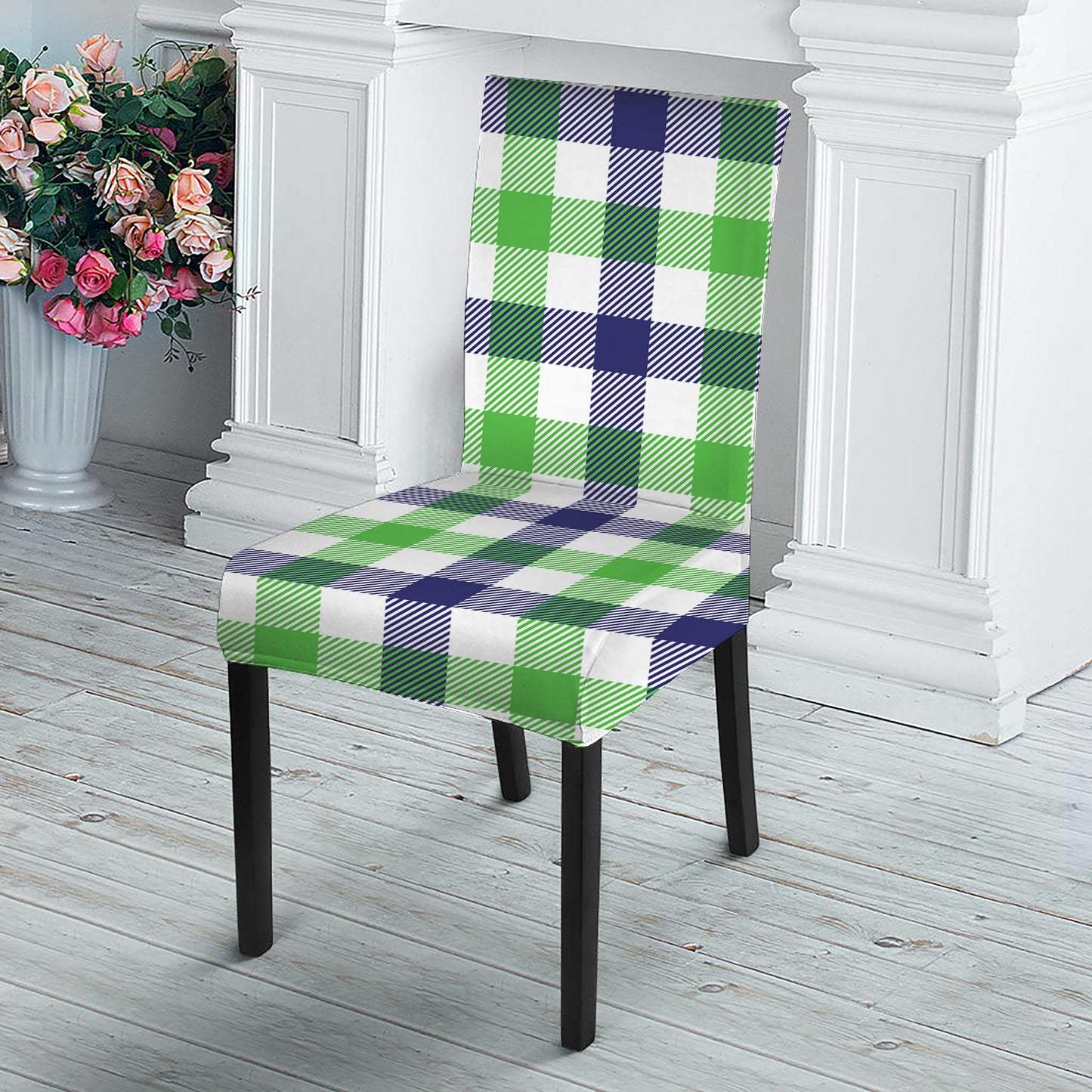 White Navy And Green Plaid Print Dining Chair Slipcover