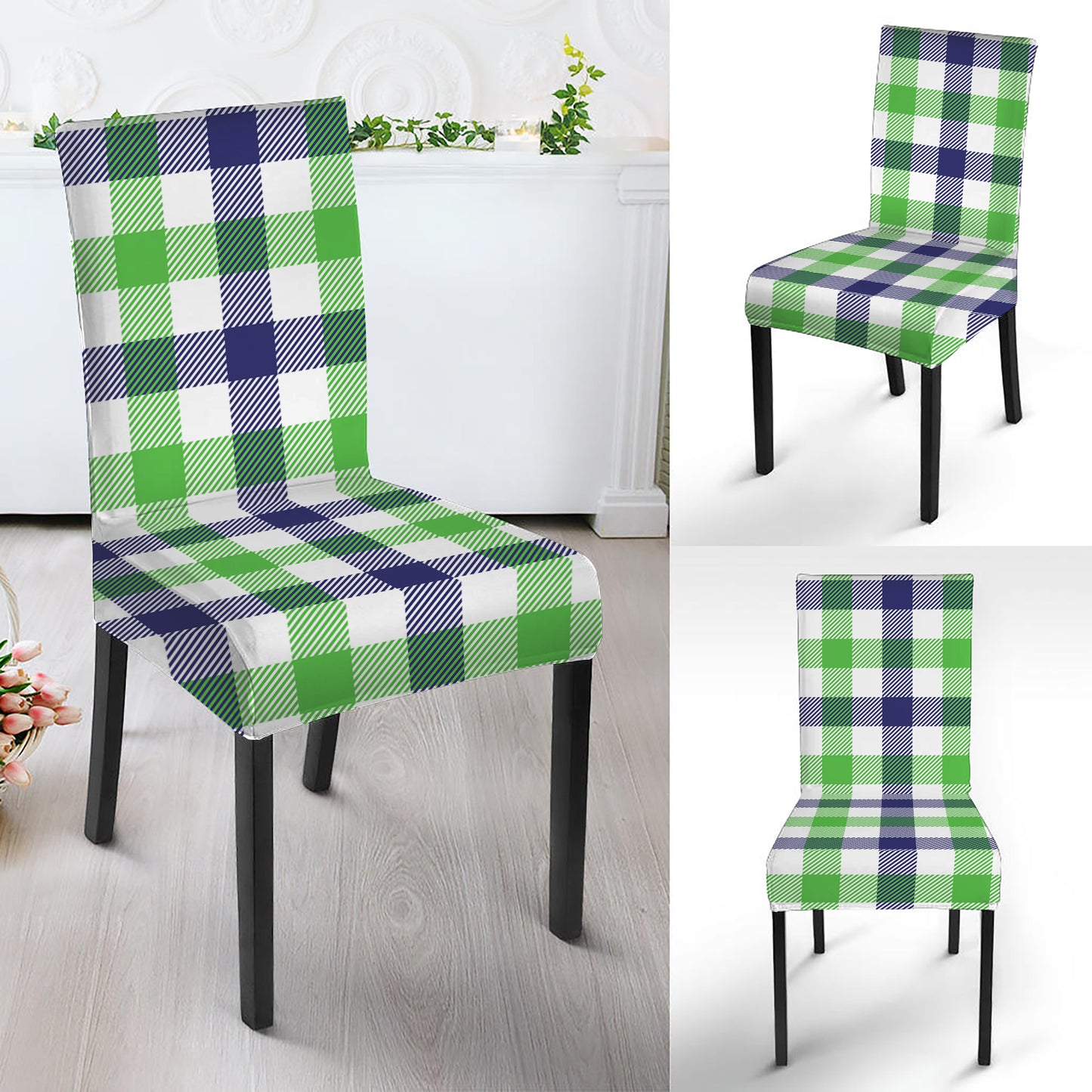 White Navy And Green Plaid Print Dining Chair Slipcover