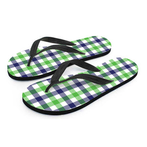 White Navy And Green Plaid Print Flip Flops