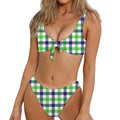 White Navy And Green Plaid Print Front Bow Tie Bikini