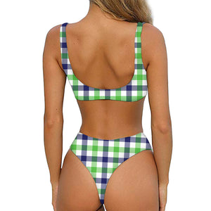White Navy And Green Plaid Print Front Bow Tie Bikini