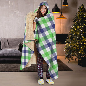 White Navy And Green Plaid Print Hooded Blanket