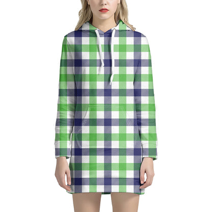 White Navy And Green Plaid Print Hoodie Dress