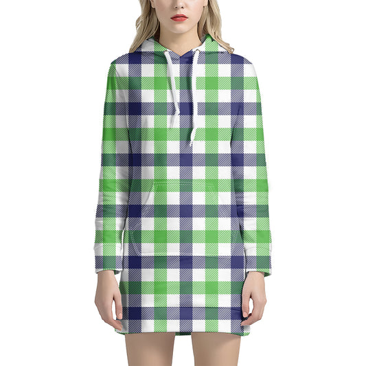 White Navy And Green Plaid Print Hoodie Dress