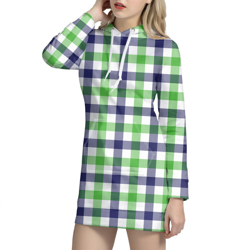 White Navy And Green Plaid Print Hoodie Dress