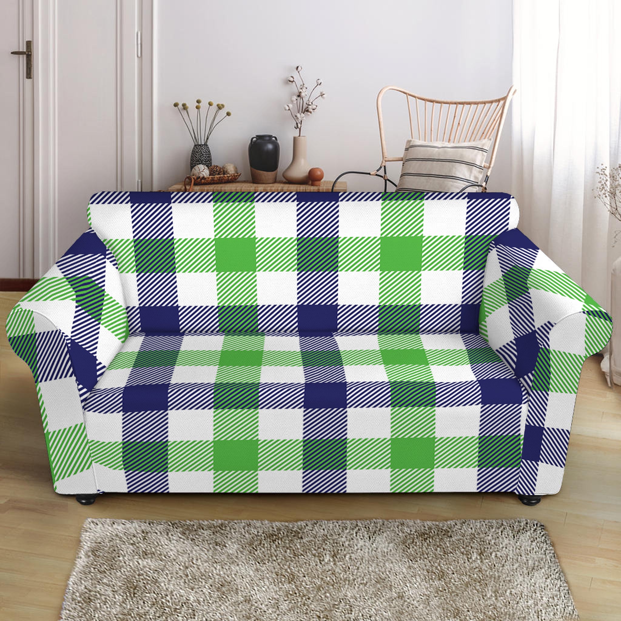 White Navy And Green Plaid Print Loveseat Slipcover