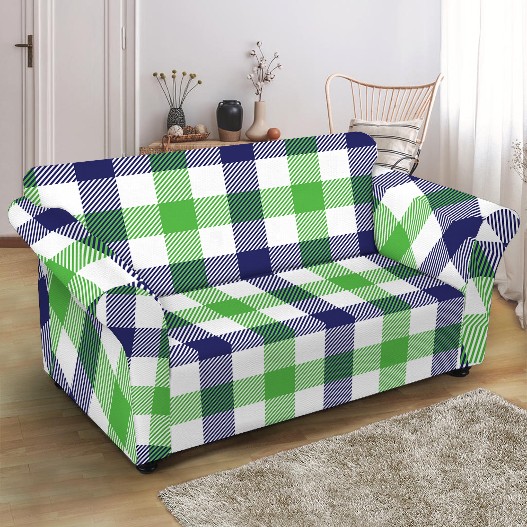 White Navy And Green Plaid Print Loveseat Slipcover