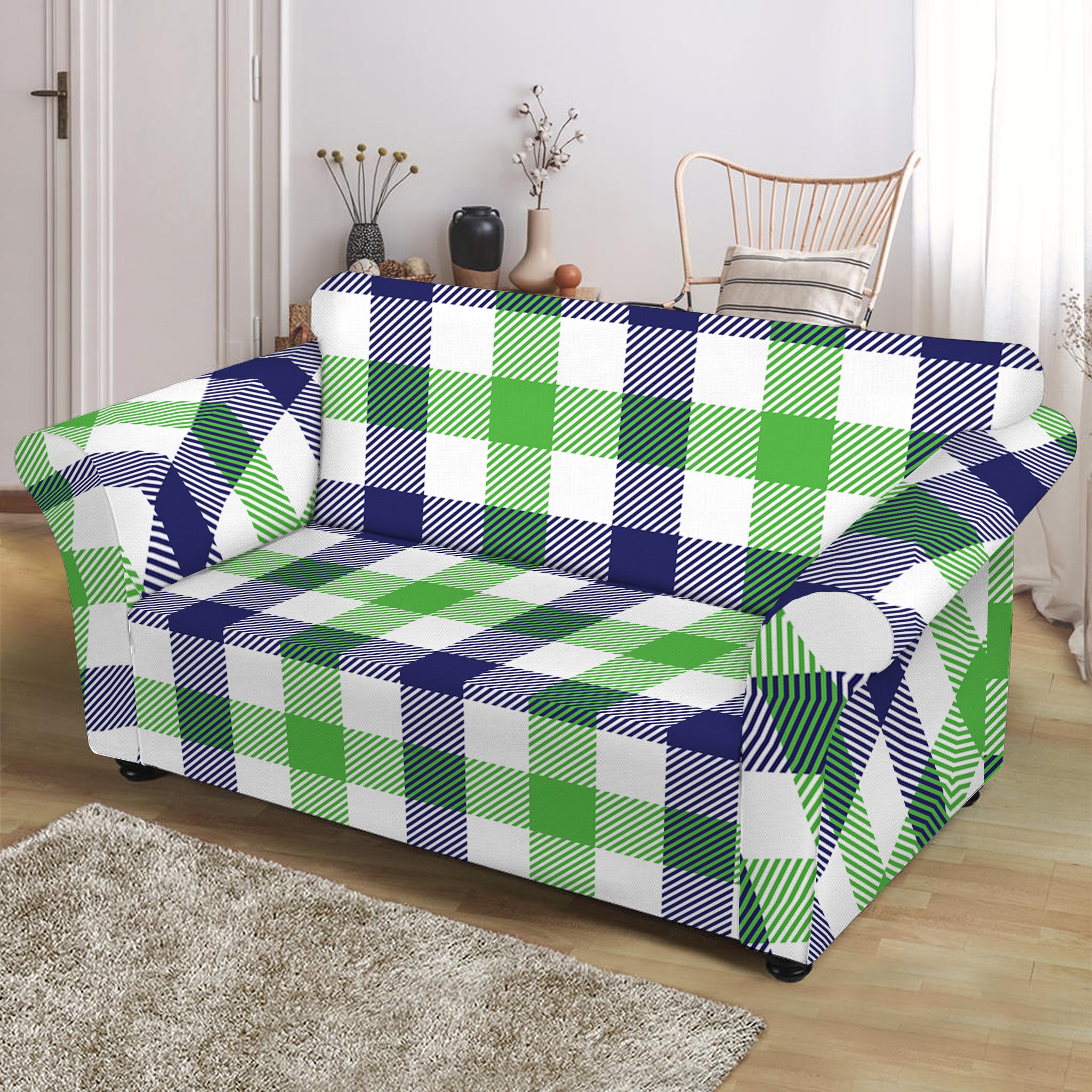 White Navy And Green Plaid Print Loveseat Slipcover