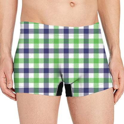 White Navy And Green Plaid Print Men's Boxer Briefs